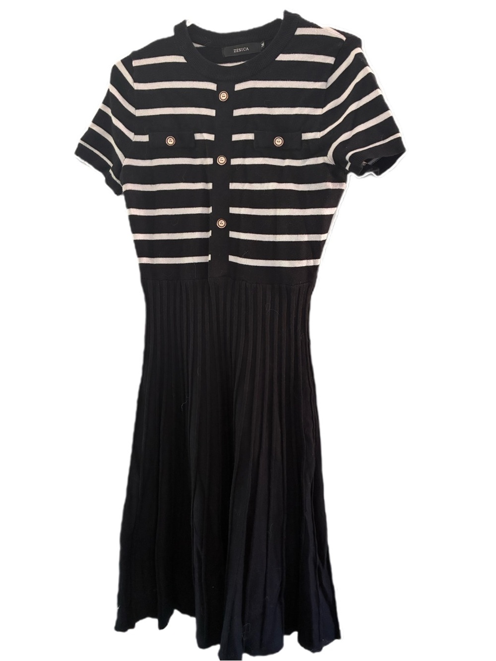 Zesica Black & White Striped Knit Midi Dress with Button Front